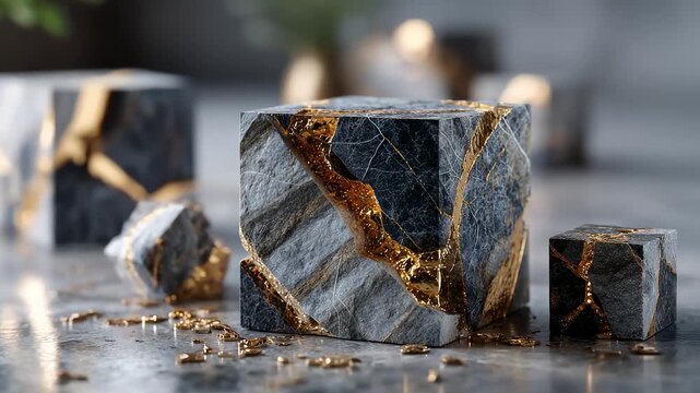Luxury black marble cubes with liquid gold veins in 3D space