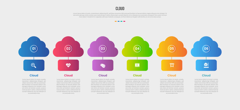 Cloud base shape infographics gradient template diagram with small cloud on top with round rectangle badge on bottom with 6 point step creative