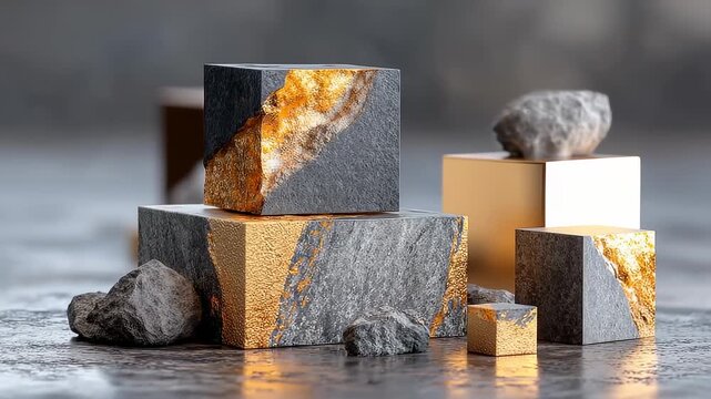 Luxury Black Stone and Gold Foil Geometric Pedestals