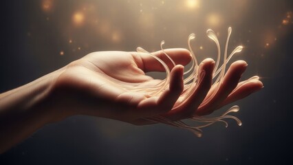 Delicate human hand nurturing ethereal glowing organic tendrils against a soft mystical backdrop