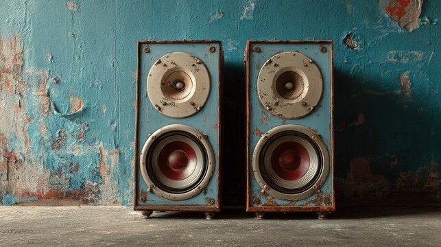 Vintage speakers against distressed blue wall