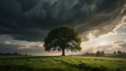 Calm nature background featuring solitary tree, glowing sunlight and open meadow