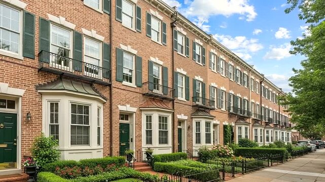 Row of brick townhouses with green shutters.
