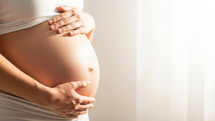 Expectant mother gently cradling belly in soft light, showcasing beautiful pregnancy glow and nurturing touch. Pregnancy represents joy and anticipation for new beginnings.