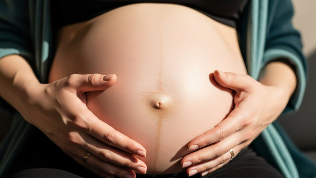 Expecting mother cradling pregnant belly with hands, showing nurturing bond during beautiful maternity moment. Expecting mother embraces growing baby bump with love and tenderness, - Powered by Adobe