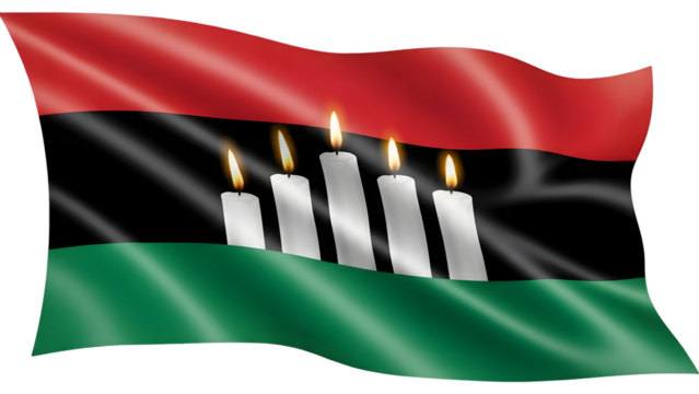 A flag with a black stripe and four white candles on a red and green background waving in the wind outdoors isolated on transparent background - Powered by Adobe