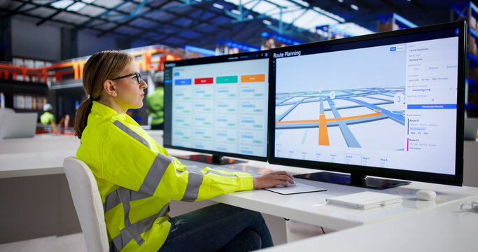 Efficient Young Lady Using Route Planning App For Logistics Management