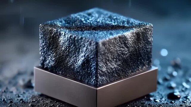 Minimalist black metallic cube with water droplets macro details