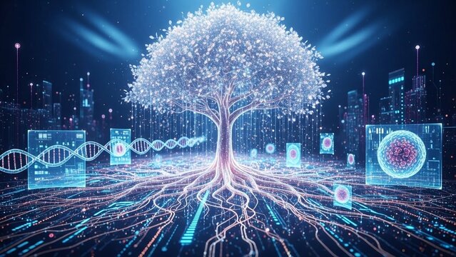 Glowing tree with digital roots and circuits in a futuristic cityscape at night with neon lights and dna sequences - Powered by Adobe