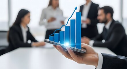 Business growth chart rising from smartphone held by professional hand with corporate team meeting in background showing financial success data analytics and strategy