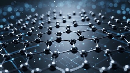 Graphene molecular structure with hexagonal lattice atoms and particles on a dark background with blue bokeh lights