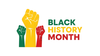 Black history month logo with three raised fists in different colors on transparent background