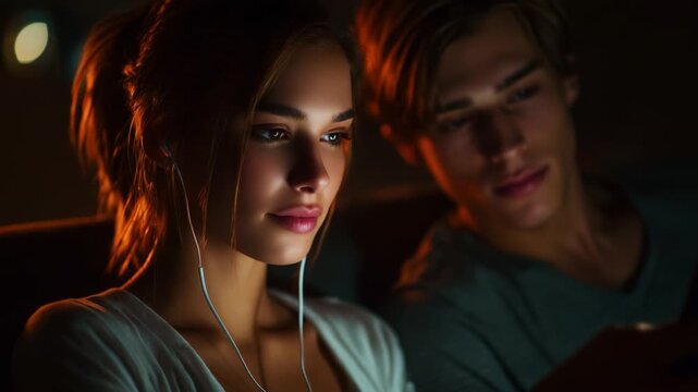 A Cozy Evening Together: A Young Couple Enjoying Music, Sharing Moments and Connection While Engrossed in Their Devices in a Softly Lit Room, Highlighting Their Intimate Experience and Emotion.