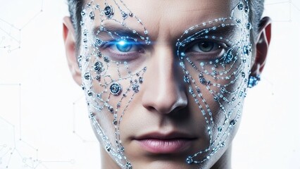 Cyborg face with glowing blue circuits and wires on forehead and cheeks futuristic human machine interface concept with robotic features