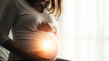 Maternal glow with pregnant woman touching belly in sunlight, nurturing bond feels illuminated with warmth and affection.