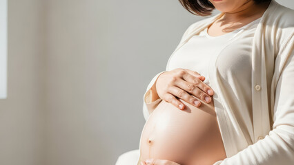 Expecting mother gently cradling her pregnant belly while wearing light clothing in a serene environment. Expecting mother's touch highlights beautiful pregnancy journey and emotional connection.