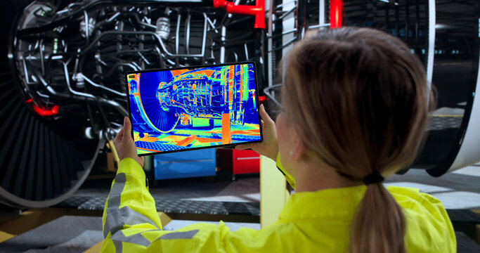 Empowering Female Engineer Conducts Airplane Engine Diagnostics