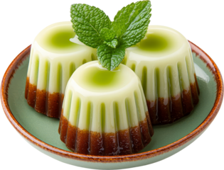 Matcha pudding dessert sweet green tea mint garnish creamy matcha pudding dessert with mint