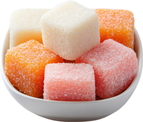 Colorful coconut candy cube dessert in bowl coconut sweet jelly candy fruit flavor