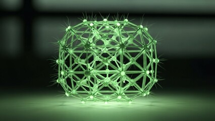 Glowing green geometric wireframe sphere with interconnected nodes and lines on a dark background with soft lighting