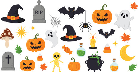 Halloween Doodle Icon Set with Pumpkins Ghosts Bats Potions and Spooky Elements Vector