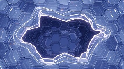 Glowing blue starburst on hexagonal background with neon outline and dark center