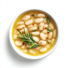 Creamy White Bean Soup with Fresh Herbs and Olive Oil in a Round White Bowl