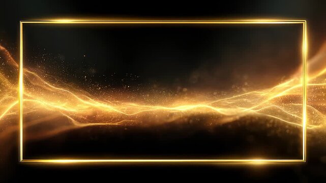 Elegant black gold rectangular frame with flowing golden particles