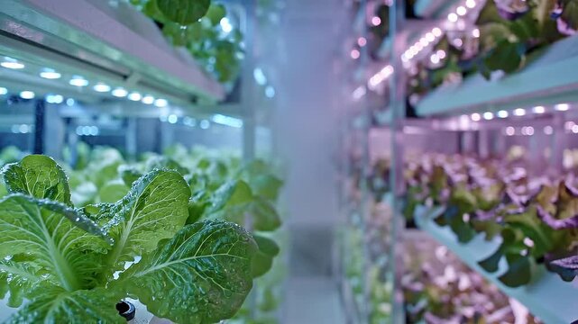 Vibrant hydroponic lettuce growing in a misty vertical farm under the dramatic dual glow of blue and magenta LED lights, emphasizing high-tech sustainable agriculture and growth.