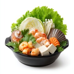 Fresh Ingredients for Asian Cuisine: Shrimp, Tofu, Mushrooms, and Leafy Greens in a Black Bowl