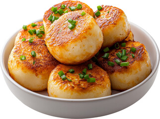 Fototapeta premium Fried potato cake golden crust chive topping white plate comfort food snack with appetizing look
