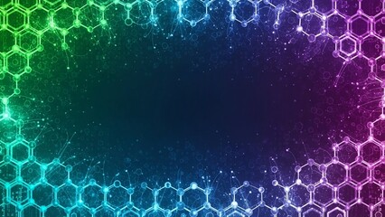 Vibrant neon honeycomb pattern with gradient colors on dark background for design and technology concepts