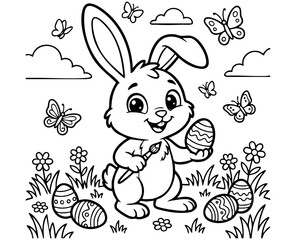 Fototapeta premium a4 colouring page bunny painting an easter egg. ready to print on standard A4 paper.