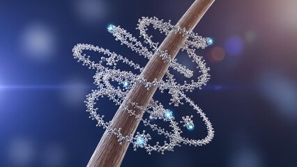 Dna helix structure wrapped around a brown rod with sparkling crystals on a dark blue background with bokeh lights