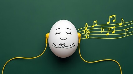 Happy egg with headphones listening to music, enjoying a peaceful moment