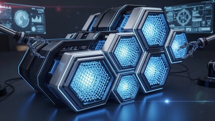 Futuristic hexagonal speaker system with blue glowing panels and screens in a dark room with technology background