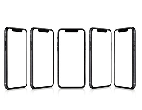 Five smartphones in a row with blank screens displayed on a white surface from a front viewpoint