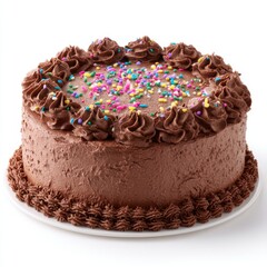 Indulgent Chocolate Cake with Colorful Sprinkles and Creamy Frosting on White Plate