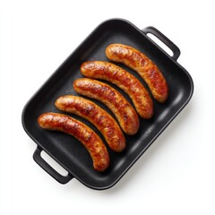 Juicy Grilled Sausages in Black Baking Tray Ready for Serving and Enjoying on a White Background