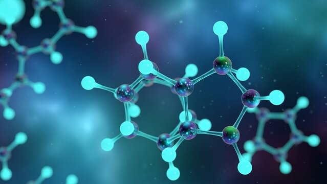 Glowing turquoise molecular structure model with bonds and atoms on dark blue background with purple highlights - Powered by Adobe