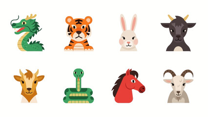 Fototapeta premium Collection of Eight Cute Cartoon Chinese Zodiac Animal Characters on White Background