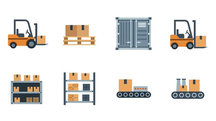 Collection of Flat Vector Illustrations Depicting Warehouse Logistics and Shipping Operations © se