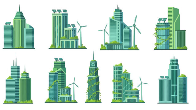 Eco friendly Urban Skyline with Modern Green Buildings, Solar Panels, and Wind Turbines