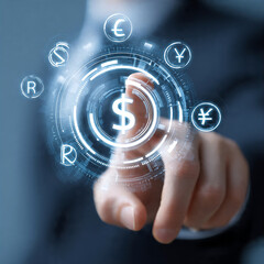 Online banking and digital money concept with man finger on virtual touch screen interface with central bank layout surrounded currency signs: dollar, euro, ruble and yen on abstract b : Generative AI