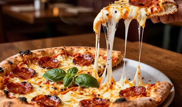 A wood-fired pizza with oozing mozzarella, basil leaf accent, and blistered crust, captured in 4K and HD with dramatic cheese pull 