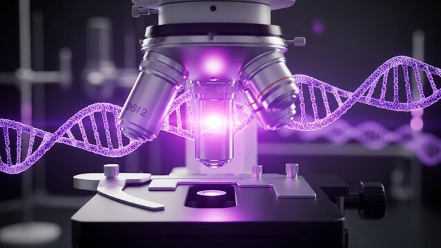Microscope examining dna helix with purple glow in laboratory setting futuristic biotechnology research - Powered by Adobe