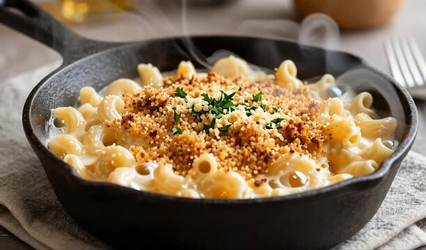 A skillet of creamy macaroni and cheese bubbles with a golden breadcrumb crust, steam rising and close-up texture highlighted in 4K and HD 