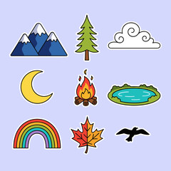 Naklejka premium Collection of nature and camping stickers including mountains pine tree campfire rainbow and moon for outdoor adventure design elements