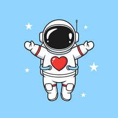 Cute space astronaut floating with a red heart on chest and open arms for love and science exploration theme vector cartoon character © ma