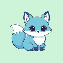 Obraz premium Adorable Blue Fox Character with Large Eyes and White Tail Tip Sitting Position Cute Kawaii Animal Illustration Isolated on Light Green Background